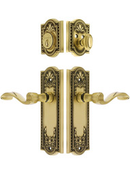 Grandeur Parthenon Entrance Door Set, Keyed Alike with Portofino Levers in Antique Brass.